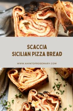 sliced pizza bread on a cutting board with the words sacca sicilian pizza bread above it