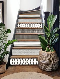 a set of stairs with plants and potted plants