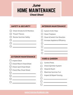 the printable home maintenance checklist is shown in pink and white with black text