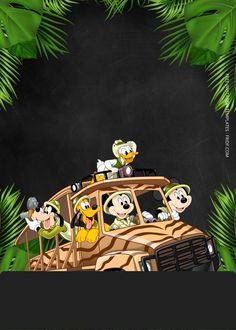 an image of mickey and friends driving in the back of a car with palm trees