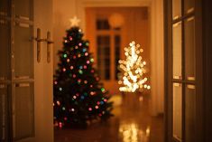 a lit christmas tree is seen through an open door at the entrance to a house