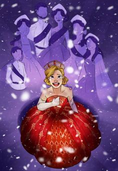 a woman in a red dress sitting on top of a snow covered ball with other people behind her