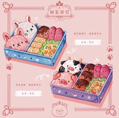 two boxes filled with different types of food on top of a pink background and the words menu bunny bento