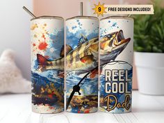 three different types of beer cans on a table with plants in the background and an advertisement for reel cool dad