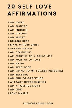 the 20 self love affirmations are shown in black and white on an orange background