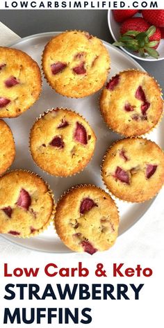 low carb and keto strawberry muffins on a white plate