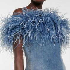 Maison Femalien Description: Denim mini feather dress · Fur chest· Denim· High waist · Short skirt Imported. Skirt Shapewear, Strapless Denim Dress, Feather Skirt, Stretch Denim Fabric, Denim Patterns, Feather Dress, Denim Mini Dress, Minimalistic Design, Design Minimalista