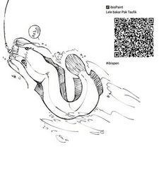 a drawing of a person floating on an inflatable rubber tube with a qr code attached to it