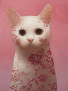 a painting of a white cat with flowers on it's chest and eyes wide open