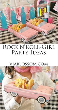 a girl is holding a tray with food in it and the words rock'n roll - girl party ideas