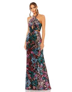 Mac Duggal Sequin Fabric (100% polyester) Fully lined Crisscross halter neckline Sleeveless Lace-up open back Keyhole and side cutouts Concealed back zipper Approx. 62.5" from top of shoulder to bottom hem Available in Black Multi Style #49695 Mac Duggal Prom, Vestidos Color Coral, Gorgeous Prom Dresses, Halter Gown, Beautiful Prom Dresses, Sequin Gown, Mac Duggal, Black Prom Dresses, Sequin Fabric