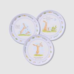 three children's plates with the words i love you to the moon and back