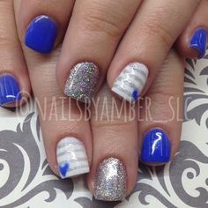 Royal Blue And White Nails With Silver Stripes and Hearts Nail Ideas Royal Blue And Silver, Cute Blue And Silver Nails, Navy Blue White And Silver Nails, Royal Blue And White Nails Designs, Royal Blue And Silver Nail Designs, White Blue Silver Nails, Royal Blue Wedding Nails, Black And Royal Blue Nails, Blue White Silver Nail Designs