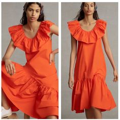 $208 Nwot Anthropologie Whit Two Flouncy Ruffled Orange Oversized Maxi Dress Xs Trimmed With Ruffles Around The Shoulders And Ankle-Skimming Hemline, This Summer-Ready Dress From Whit Two Is One We'll Be Slinking On Over Sandals For Dinner By The Beach. An Only-At-Anthro Capsule Designed By Whit Founder Whitney Pozgay, Whit Two Delivers Effortless Summer Silhouettes With An Abundance Of Details We Adore - From Playful Prints, To The Most Flawless Fits. * Pockets * Cotton * Pullover Styling * Ruf Dinner By The Beach, White Maxi Dress Summer, Oversized Maxi Dress, Maxi Dress Boho Chic, Anthropologie Maxi Dress, Maxi Dress Pattern, Tulip Dress, Floral Embroidered Dress, Embroidered Maxi Dress