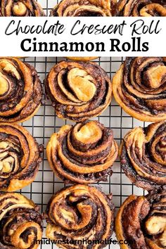 chocolate crescent roll cinnamon rolls on a cooling rack with text overlay that reads chocolate crescent roll cinnamon rolls