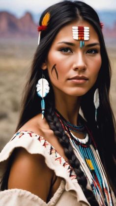 a native american woman with long hair and feathers