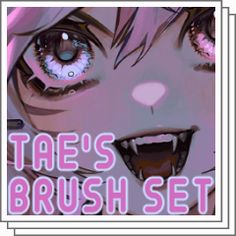 an anime poster with the words tae's brush set in pink and white letters