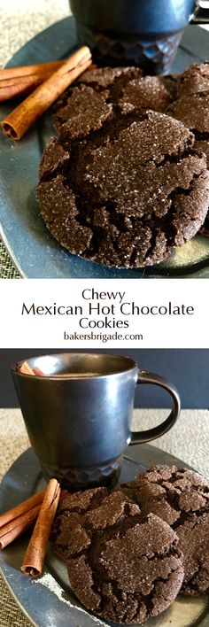 chocolate cookies on a plate with cinnamon sticks in the foreground and two pictures of them