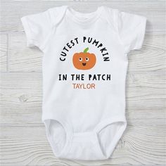 Personalized with any nameChoose from multiple phrases  Features double-needle ribbed binding on neck, shoulders, sleeves and legsReinforced 3 snap closureAvailable in infant 6 months - 18 months100% combed ring-spun cotton jerseyMachine wash, tumble dryNot intended for sleepwearImported Make sure they make a statement for their first Halloween in the Coolest Pumpkin In The Patch Personalized Baby Clothing. Customizable Fitted Bodysuit For Playtime, First Halloween, Cute Pumpkin, Baby Clothing, Personalized Baby, Halloween Gifts, Baby Bodysuit, 6 Months, Snap Closure