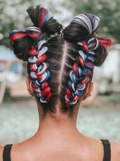 red, white, and blue double braids updo Fourth Of July Braids, Forth Of July Hairstyles Easy, Hair Styles For 4th Of July, 4th Of July Hair Tinsel, Red White And Blue Hairstyles, Fourth Of July Hairstyles For Women, Fourth Of July Hairstyles For Kids, 4 Of July Hairstyles, July 4th Hairstyles