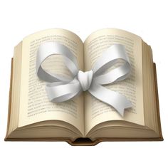 an open book with a white ribbon on it and a bow at the top is shown