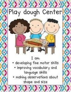 a poster with three children sitting at a table and the words play dough center on it