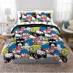 Enjoy cuddling up with Hello Kitty and her super cute friends when you style your bed with this adorable themed bedding set. Featuring an eye-catching “Not So Grey” Hello Kitty print, this versatile set will add colour and fun to any bedroom. The high-quality microfiber bedding set includes a reversible comforter, fitted sheet, flat sheet and pillowcase(s). One side of this stylish comforter pops with a playful Hello Kitty and friends pattern, while the reverse has a chic striped print. Coordinated colours and patterning on the sheets and pillowcase(s) create a cohesive Hello Kitty look any Sanrio fan will adore. Hello Kitty has been a cultural phenomenon for decades, beloved around the world for her cute fashion and friendly ways. Grey Hello Kitty, Hello Kitty Print, Full Bedding, Kitty Aesthetic, Hello Kitty Aesthetic, Hello Kitty And Friends, Reversible Comforter, Full Bed