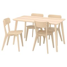 a wooden table with four chairs and one chair on the other side, in front of a white background