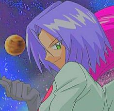 an anime character with purple hair and green eyes pointing at the planets in the sky