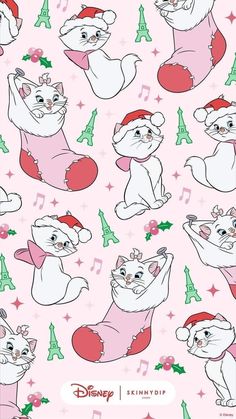 disney christmas wallpaper with various cartoon animals and musical notes on pink background, including santa's helper