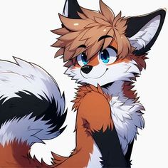 a fox with blue eyes and brown fur is standing in front of a white background