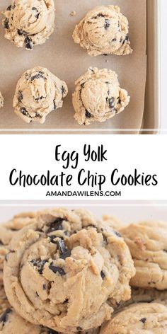 an egg yolk chocolate chip cookies recipe on a baking sheet with the title overlay