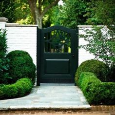 a black door surrounded by green bushes and shrubbery