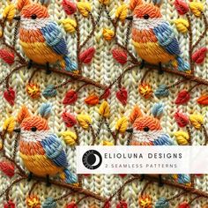 the colorful bird is sitting on top of the knitted material with leaves and branches