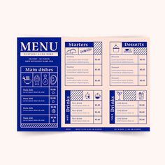 a blue menu with the words menu on it and instructions for different types of dishes