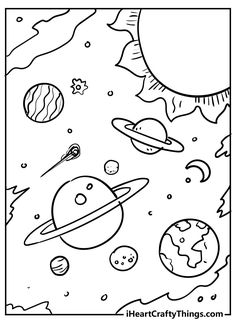 the solar system coloring page with planets and stars in space, as well as an image of