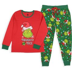 On the outskirts of Whoville lives a green, revenge-seeking Grinch who plans to ruin Christmas for all of the citizens of the town. This family How GRINCH Stole Christmas pajama sleep set-top features the character known as GRINCH with a funny saying beneath him. The pants feature a tossed print of his face and Christmas lights. The top has full sleeves for those long Christmas and winter nights, and both the pants and shirt have ribbed fabric for a no-slip feel at the ankles and wrists. The who Grinch Christmas Lights, Grinch Pajamas, Grinch Stuff, Pants And Shirt, Xmas Pajamas, The Grinch Stole Christmas, Family Pajama Sets, Halloween Pajamas, Christmas And Winter