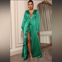 Long Sleeve High Slit Ruffle Details Size S New With Tag Same Day Shipping Green Satin Dress, Olive Dress, Satin Long Sleeve, Fashion Nova Dress, Plunge Neckline, Satin Maxi, Fashion Nova Dresses, Satin Maxi Dress, Maxi Dress Green