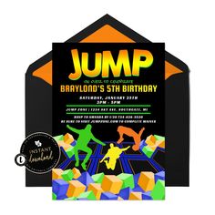 "This Trampoline Party Invitation is perfect for your event! You can edit all details to any event for a Jump Party! PLEASE message us with questions or notes - we may not see your notes in the \"notes to seller\" for instant downloads due to high volume of orders. THIS DIGITAL FILE WILL BE INSTANTLY EDITED BY YOU, USING TEMPLETT. EVENT DETAIL TEXT AND COLORS CAN BE EDITED. You can NOT edit graphics or the word \"Jump\" TRY BEFORE YOU BUY Follow this link to demo this invite: https://templett.co Trampoline Park Party Invitations, Sky Zone Birthday Party Invitations, Skyzone Birthday Party Invitations, Trampoline Park Party Ideas, Trampoline Park Invitations, Free Printable Trampoline Party Invites, Trampoline Park Birthday Party Invites, Trampoline Park Party, Trampoline Park Birthday Party