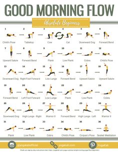 the morning yoga workout routine for beginners is shown in green and white with an image of