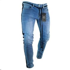 Wear-and-tear and scratches are the main feature of these stone washed stretch denim 5 pocket pants. The sporty inspiration is highlighted by the side featuring the stright lines. A stripe with the brand’s lettering is printed on the left leg and ribbed fabric inserts are sewn on the knees. Cotton ribbed waistband with drawstring. A leather badge with the brand's hexagonal logo on the right rear pocket. Cotton ribbed bottom cuffs. Two needle stitching. Fit: Slim fit.[custom tab] FABRIC #1: 99% C Sporty Straight Leg Denim Jeans, Sporty Straight Leg Denim Blue Jeans, Sporty Denim Jeans For Streetwear, Sporty Dark Wash Denim Jeans, Dark Wash Sporty Denim Jeans, Sporty Stretch Denim Jeans, Biker Jeans Men, Ripped Biker Jeans, Hip Hop Sweatpants