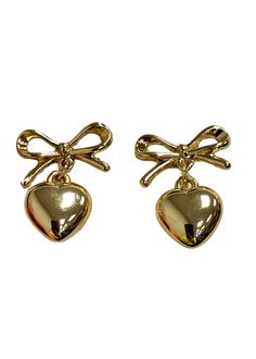 Bows and Hearts Gold Earrings - B3 Boutique, LLC Heart-shaped Clip-on Earrings For Valentine's Day, Gold Metal Hoop Earrings For Valentine's Day, Gold Hoop Earrings For Valentine's Day Party, Gold-tone Metal Earrings For Anniversary, Trendy Gold Plated Anniversary Earrings, Elegant Hoop Earrings For Valentine's Day Gift, Valentine's Day Gift Drop Clip-on Earrings, Elegant Gold Plated Heart Earrings As Gift, Heart-shaped Clip-on Earrings For Valentine's Day Anniversary