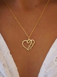 Cute and romantic personalized custom heart names necklace Handmade to order Your choice of finish and chain length Link style chain High quality stainless steel