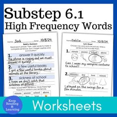 two worksheets with the words, substep 6 1 high frequency