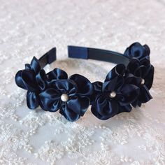 The Dark Navy Blue Floral Hairband is ideal for special occasions such as weddings, engagements, proms, tea parties, photo shoots, birthday celebrations, and bridal showers as a hair accessory. This hairband is made up of five flowers, each featuring a pearl at the center for added detail. Handcrafted with love and attention to detail, this hair accessory is perfect for adding a touch of glamour to any outfit. Blue Hair Piece, Blue Wedding Flower, Royal Blue Hair, Floral Hairband, Flower Girl Headband, Bridesmaid Hair Accessories, Flower Girl Headbands, Wedding Flower Girl, Turbans