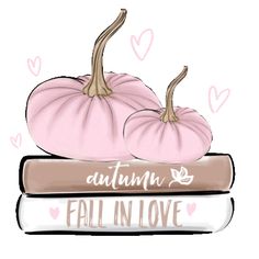 two pink pumpkins sitting on top of books with the words autumn in love above them