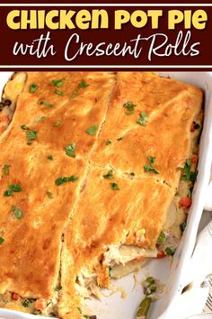 chicken pot pie with crescent rolls in a casserole dish on a white plate