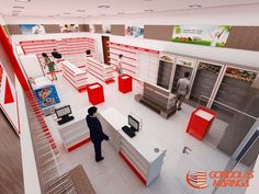 an artist's rendering of the interior of a convenience store with red and white shelves