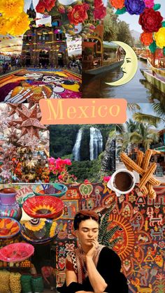 a collage of mexican art and flowers with the words mexico in front of it