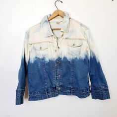 One of a kind bleached ombre denim jacket. Women's Large midweight jean jacket. Stop living boring, live in color! All my pieces are hand dyed using professional fiber reactive dye. This dye is colorfast and will not fade with washing. As each garment is one of a kind, sizing may vary. If you'd like measurements of a specific item, please do not hesitate to contact me. Don't see the size or color you are looking for? Contact me for super fast custom order! I try to upcycle existing clothing as m Bleached Denim Jacket, Ombre Denim, Acid Washed Jeans, Tie Dye Jackets, Embellished Denim Jacket, Tie Dye Denim, Bleached Denim, Acid Wash Jeans, Embellished Denim